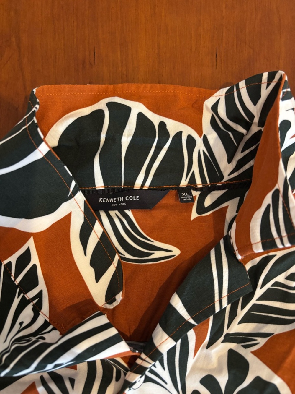 Kenneth Cole Rust Orange, Black & White Tropical Print Shirt